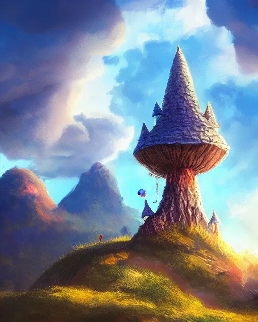 Prompt: flying cloud castle, mushroom buildings, illustration, bright, blue sky, mountains, colorful, cinematic lighting, fantasy, high detail, masterpiece, artstation, 4 k, art by wylie beckert