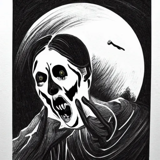 Image similar to A beautiful print that captures the feeling of terror and anguish. The bright sky contrasts sharply with the dark, ominous figure in the background, creating a sense of unease and foreboding. The figure's face is twisted in a scream of agony, conveying the true horror of the scene. This print is truly a masterpiece of emotion and terror. by Käthe Kollwitz a e s t h e t i c