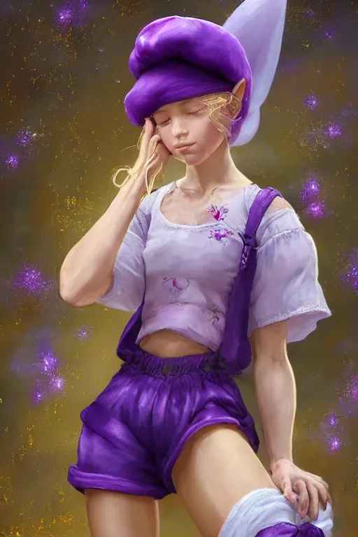 Image similar to Full View fairy maiden with short blond hair wearing an oversized purple Beret, Baggy Purple overall shorts, Short Puffy pants made of silk, silk shoes, a big billowy scarf, Golden Ribbon, and white leggings Covered in stars. covered in embroidery. Short Hair. peasant magic. masterpiece 4k digital illustration by Ruan Jia and Mandy Jurgens and Artgerm and william-adolphe bouguereau, award winning, Artstation, art nouveau aesthetic, Alphonse Mucha background, intricate details, realistic, panoramic view, Hyperdetailed, 8k resolution, intricate art nouveau