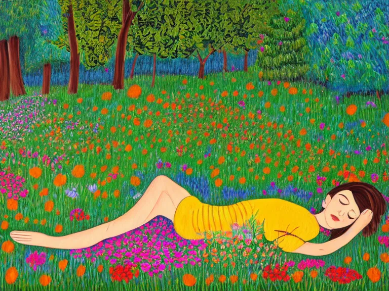 Prompt: painting of view from the distance on girl laying down in the lawn full of flowers that smells like honey amongst forest with her soul connected to the nature around her. in naive art style