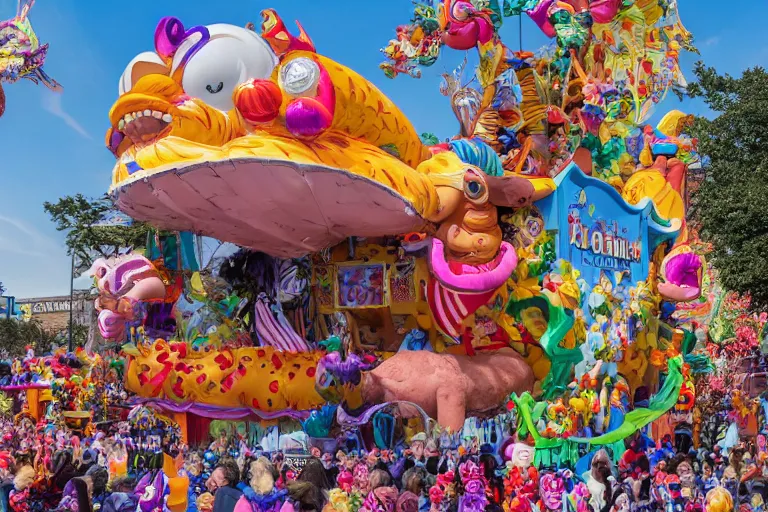 Image similar to photo of giant elaborate parade float designed by geoff darrow!!!! and ( ( ( ( ( ( lisa frank ) ) ) ) ) ), in the macys parade, detailed 4 k photo