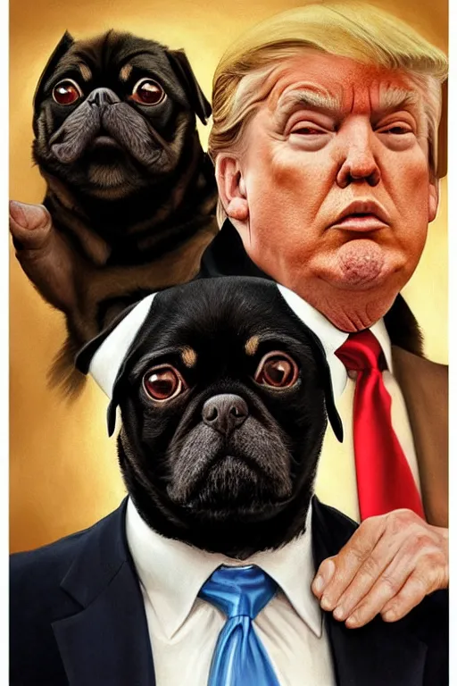 Image similar to photorealistic portrait photograph of donald trump with a black pugalier, handsome, depth of field, soft focus, highly detailed, intricate, realistic, national geographic cover, soft glow, textured, artstation, concept art, sharp focus, illustration, art by artgerm and greg rutkowski and alphonse mucha