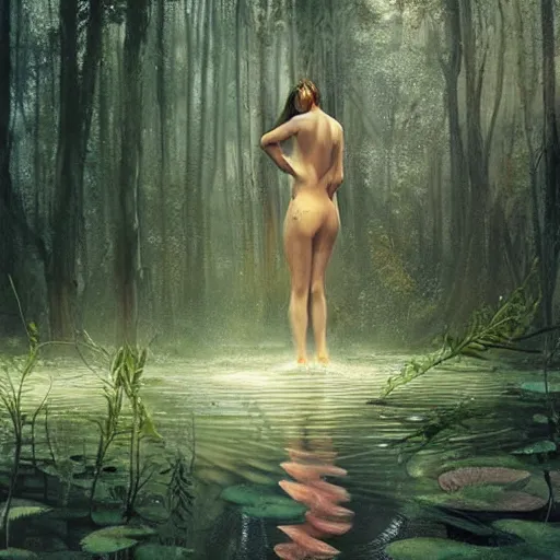 Image similar to forest nymph rising from the water. view from behind, wide angle view, back view. nuri iyem, james gurney, james jean, greg rutkowski, anato finnstark, davinci, emma watson, gigachad. trending on artstation, starlight, and enchanted dreams. instagram photo shoot, trending on pinterest, corrected hand, perfect hands