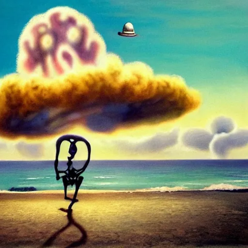 Prompt: a skeleton walking on a beach next to the ocean with nuclear bomb explosion in the background, a naturalism painting by Storm Thorgerson, featured on cg society, matte painting, realistic, chillwave, anatomically correct, light colors, photo-realistic mushroom-cloud in the background