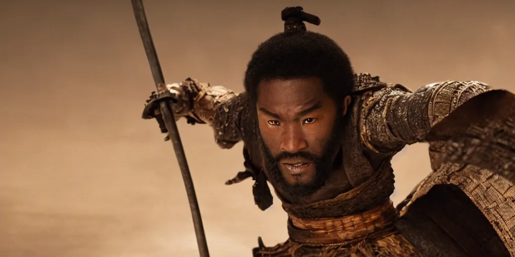 Image similar to a film still of a black man starring in a japanese blockbuster film as ancient samurai, intense, shallow depth of field, cinematic, award winning cgi, vfx, film still