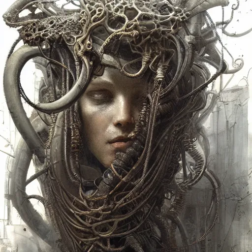 Prompt: biomechanical medusa, wires cables, machines by gustave dore and gustave moreau and beksinski and giger and craig mullins and jeremy mann
