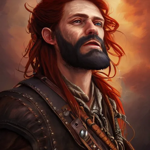 Image similar to portrait of a rugged steampunk pirate, 3 0 years old, male, handsome, masculine, red hair, long hair, long beard, soft hair, fantasy, intricate, elegant, highly detailed, steampunk, airship, digital painting, artstation, concept art, character art, smooth, sharp focus, illustration, art by artgerm and greg rutkowski and alphonse mucha