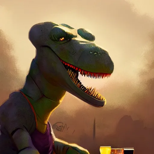 Image similar to barney the dinosaur from kids show drinking whisky and smoking a cigar, portrait art by and greg rutkowski, digital art, trending on artstation