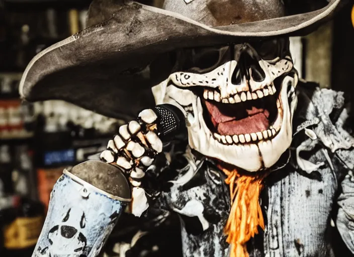 Image similar to a photo of an enraged angry skeleton in a cowboy costume shouting into a microphone in a dirty old garage filled with radio equipment and piles of beer cans