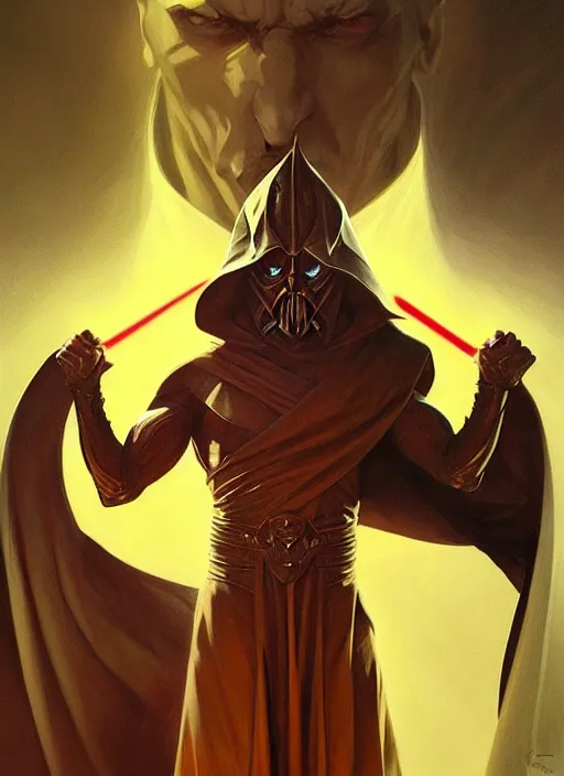 Prompt: portrait of a truly evil sith, yellow eyes, enraged, muscular, dark evil robes, intricate, elegant, highly detailed, digital painting, artstation, concept art, smooth, sharp focus, illustration, art by artgerm and greg rutkowski and alphonse mucha