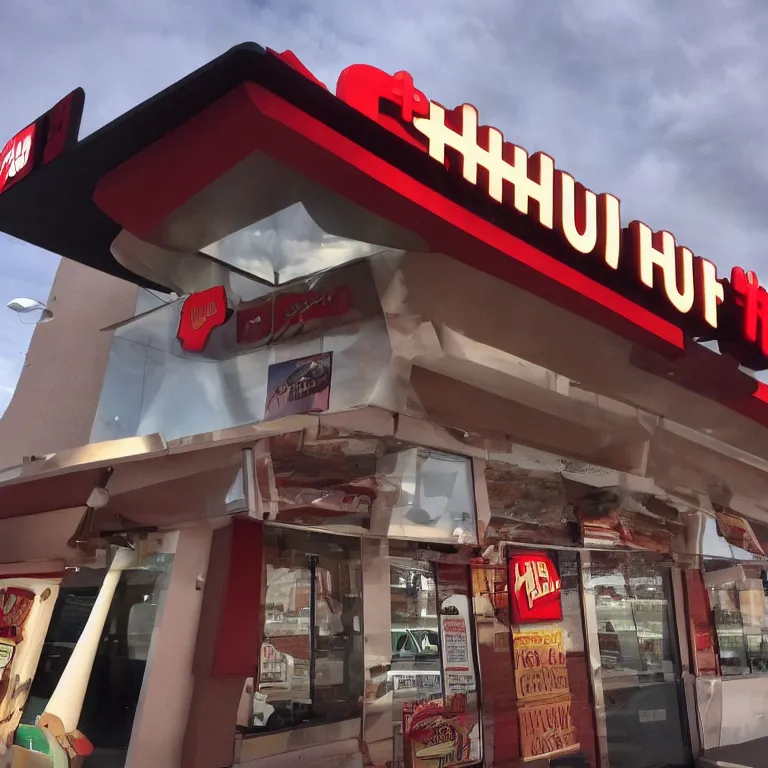 Prompt: A photograph of a futuristic Pizza Hut. Made for an Italian named Kevin. Stuffed crust. Low angle. Cinematic masterpiece. Award winning Gregory