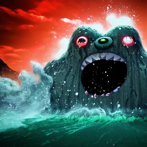 Prompt: the pain is splattered on the sad monster's green face while huge waves crash against him, water sprays into the air, moody dark black sky, hints of red and yellow, fantasy, unreal engine