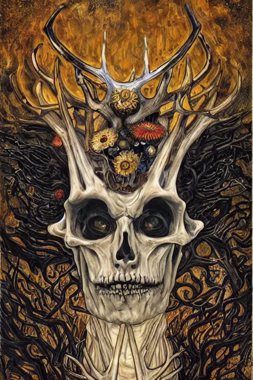 Prompt: The King of Bones by Karol Bak, Jean Deville, Gustav Klimt, and Vincent Van Gogh, portrait of a majestic demonic undead king, undead, lich lord, eyes on fire, fire in eyes, mystic eye, otherworldly, crown made of bones, antlers, horns, ornate jeweled crown, skull, fractal structures, arcane, inferno, inscribed runes, infernal relics, ornate gilded medieval icon, third eye, spirals, rich deep moody colors