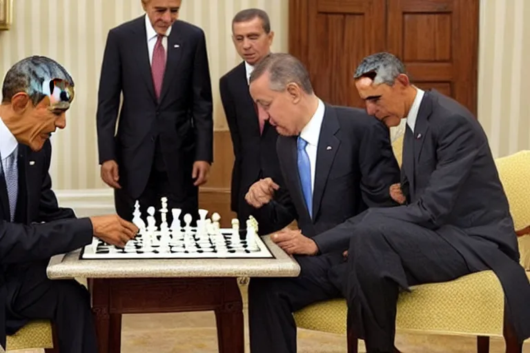 Prompt: barack obama and recep tayyip erdogan playing chess