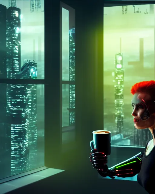 Prompt: a terminator cyborg lady with borg implants is drinking coffee near a window with dystopian city visible outside. tiny green led lights in her cybernetics. very detailed 8 k. horror cyberpunk style.