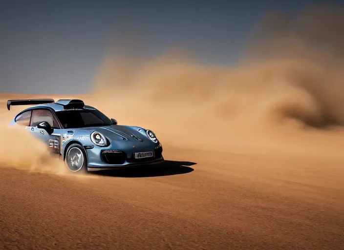 Prompt: sport photography of rallye porsche in desert, massive sandstorm like extremely huge wave in background, motion blur, wide lens