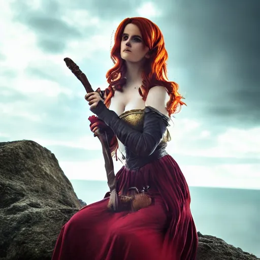 Image similar to Triss Merigold cosplay by Emma Watson, seductive gaze, 8k, professional photography, cinematic studio shot, dark, smoke