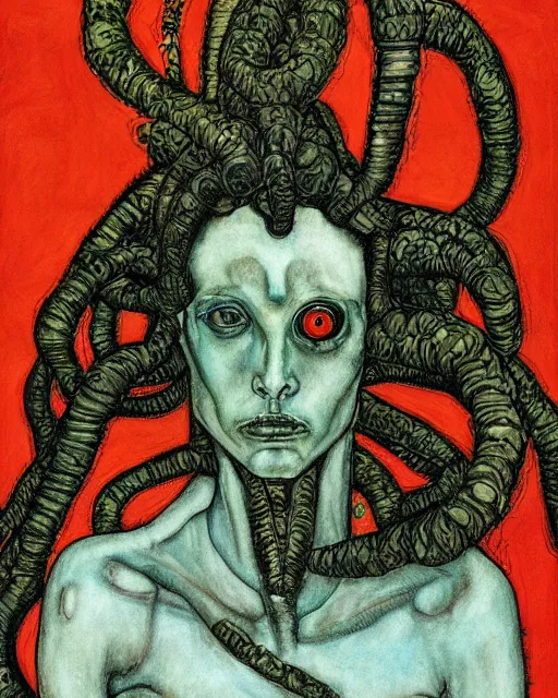 Image similar to portrait of cyberpunk medusa by egon schiele in the style of greg rutkowski