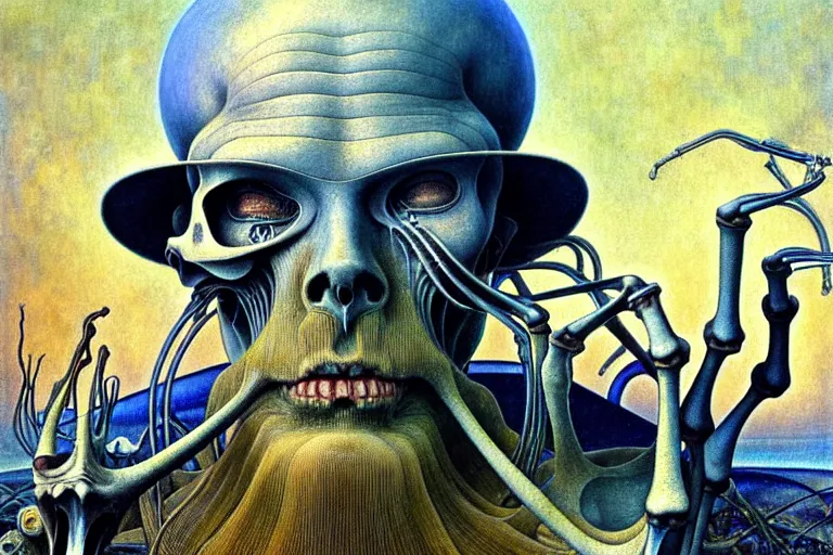 Image similar to realistic extremely detailed portrait closeup painting of an old man with a skeleton, futuristic sci-fi landscape on background by Jean Delville, Amano, Yves Tanguy, Alphonse Mucha, Ernst Haeckel, Edward Robert Hughes, Roger Dean, rich moody colours, silver hair and beard, blue eyes