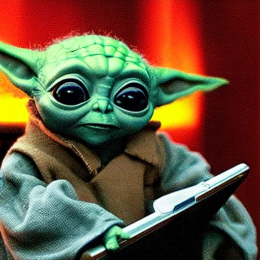 Image similar to baby yoda using a ThinkPad, highly detailed, realistic, cinematic