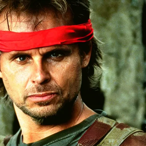 Image similar to michael biehn as solid snake, bandana, 1 9 8 7, 3 5 mm