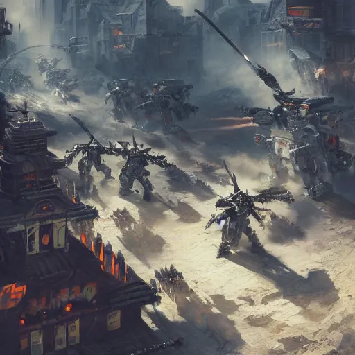 Image similar to Ragtag militia fighting advanced combat robots in a village, combat photography by Feng Zhu, highly detailed, excellent composition, cinematic concept art, dramatic lighting, trending on ArtStation