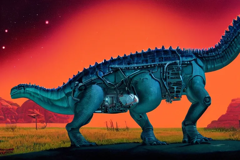 Image similar to mechanical dinosaur, art by alex schomburg and syd mead, trending on artstation, bioluminescence rear view in the golden hour, stuckism, 4 k hd wallpaper, fantasy artist, gond painting