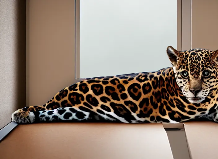 Image similar to photography of a Jaguar Cat . watching outside the window. on a bed. in a 70's room full of vinyls and posters, photorealistic, award winning photo, 100mm, sharp, high res