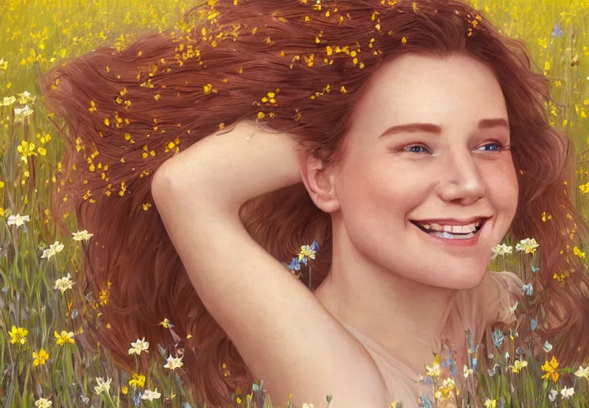 Prompt: a happy woman with copper hair and a flowing yellow sundress dancing in a field of wildflowers, with cute - fine - face, pretty face, realistic shaded perfect face, fine details by realistic shaded lighting poster by artstation, concept art, smooth, sharp focus, illustration, art by artgerm and greg rutkowski and alphonse mucha