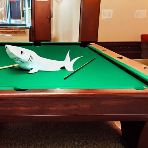 Prompt: a shark playing pool, candid photograph