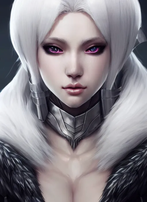 Prompt: fur - lined armor!!! beautiful and elegant white haired female!! gorgeous ayes!! character concept art, sharp focus, octane render! unreal engine 5! highly rendered!! trending on artstation!! detailed linework!! illustration by artgerm, wlop, and chie yoshii