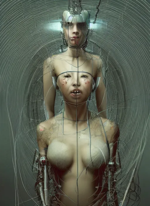 Prompt: portrait of a futuristic geisha cyborg surrounded by wire locked into the matrix, in the style of ghost, by jheronimus bosch and greg rutkowski,