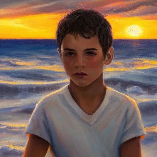 Image similar to an influencer boy portrait, sunset, ocean in distance, oil painting, pale colors, high detail, 8 k, wide angle, trending on artstation,