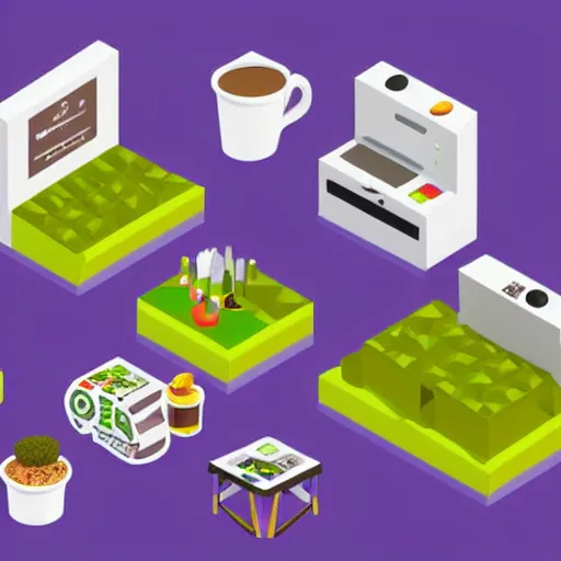 Prompt: isometric cartoon of funky recreational cannabis cafe area, baristas coffee machine, aluminum sheen, people drinking coffee and smoke cannabis cigarettes, weed vending machines, only 3 tables beanbags, 4 cannabis pots, by benoit mandelbrot, low poly cute minimal interior design concept art illustrated by anni albers, 2 d game art