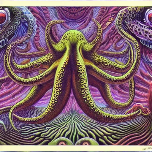 Prompt: strange bestiary of repressed unconscious cephalopod chimeras by Alex grey