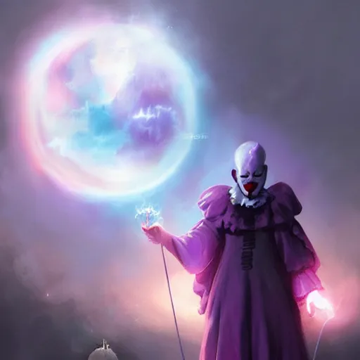 Prompt: a beautiful Purple Magician based on Pennywise with glowing aura holding an orb by Greg Rutkowski and Raymond Swanland, Trending on Artstation, cloudy background, ultra realistic digital art