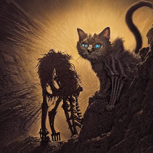 Prompt: demonic cat skeleton in the style of michael whelan and gustave dore. hyperdetailed photorealism by greg rutkowski, 1 0 8 megapixels, cinematic lighting