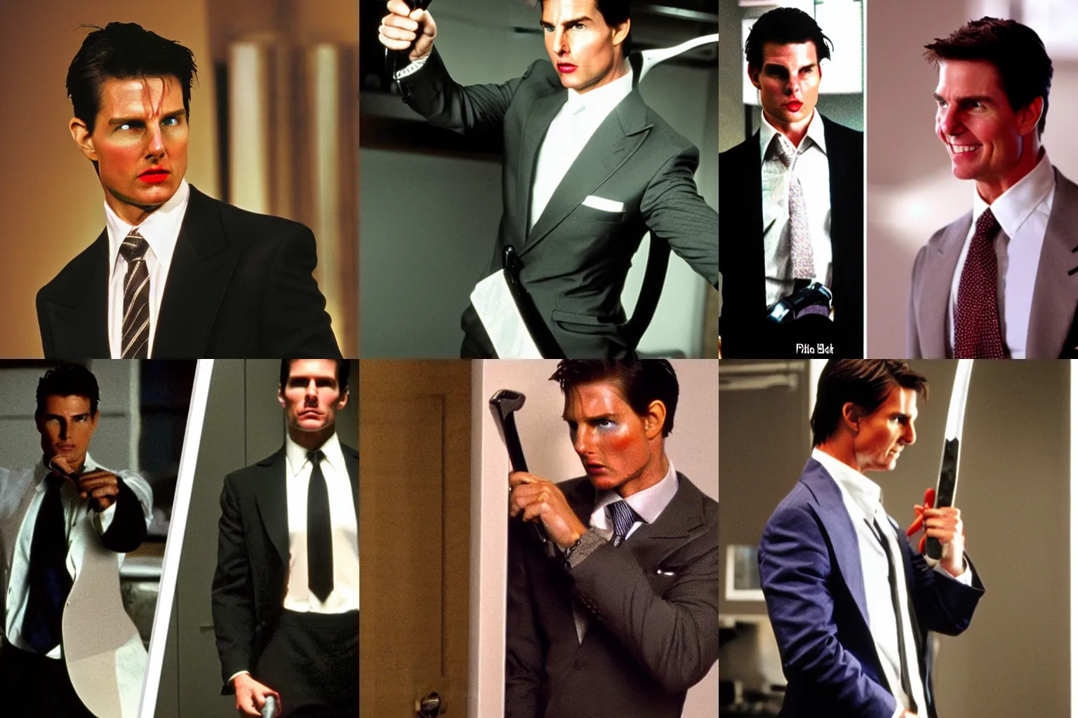 Prompt: tom cruise as patrick bateman from american psycho with an axe