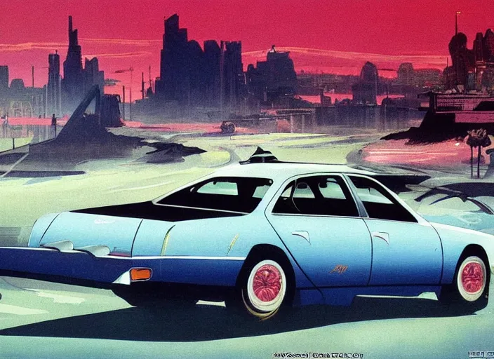 Image similar to a sedan car in a city. style by frank frazetta, peter elson, and eyvind earle.