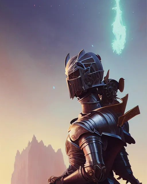 Image similar to highly detailed vfx portrait of a fantasy knight, stephen bliss, unreal engine, greg rutkowski, loish, rhads, beeple, makoto shinkai and lois van baarle, ilya kuvshinov, rossdraws, tom bagshaw, alphonse mucha, global illumination, detailed and intricate environment