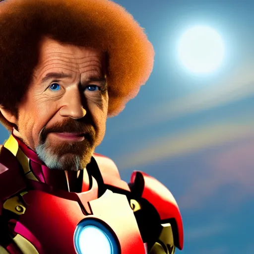 Image similar to a still of Bob Ross as Ironman. Magic Hour. Professional photography, 4K. Mood