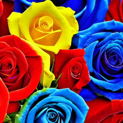 Image similar to blue, yellow, red, roses, detailed, 8k