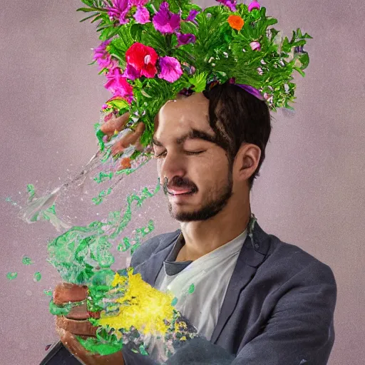 Image similar to man pouring water on head, flowers are in a pot on his head, the pot is part of his head, high detail, 8K digital art