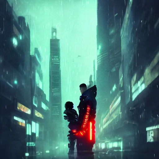 Prompt: blade runner style image of cyberpunk character and his baby dragon