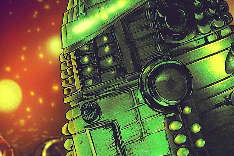 Image similar to daleks!, in the style of john avon and derek riggs and eva widermann, trending on artstation, halfrear lighting closeup view anaglyph filter, bokeh, anime, colored pencil art, belle epoque