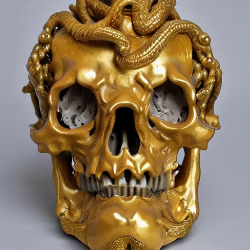 Image similar to Baroque intricately detailed marble cthulhu skull sculpture, with rococo gold details, sculpted by Bernini