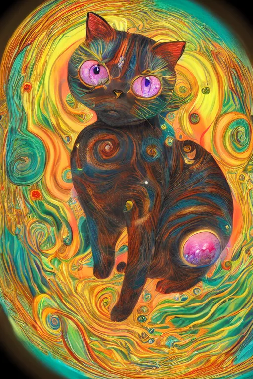 Image similar to Recursive image with a well rounded Calico feline, large eyes, shiny soft fur, anatomically correct, surrounded by swirling wisps of jelly, oil pastels and gold, anime, cartoon, in the style of Victo Ngai, modeled in Poser, Redshift render, UHD