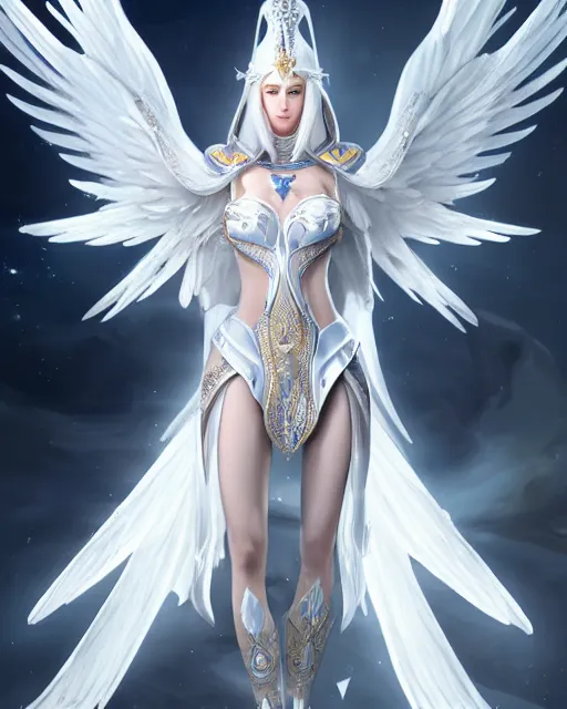 Image similar to perfect white haired egyptian goddess wearing white dove wings, warframe armor, regal, attractive, ornate, sultry, beautiful, ice queen, half asian, pretty face, blue eyes, detailed, scifi platform, 4 k, ultra realistic, epic lighting, android body, masterpiece, art by akihito tsukushi, voidstar, artgerm