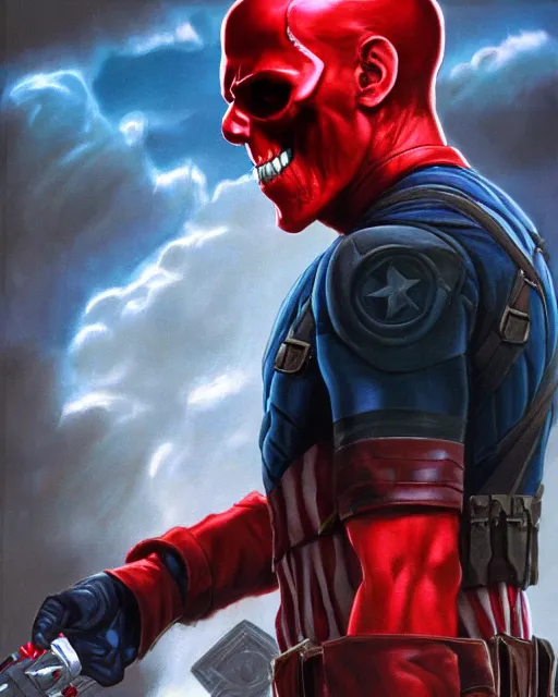 Prompt: red skull in captain america, airbrush, drew struzan illustration art, key art, movie poster
