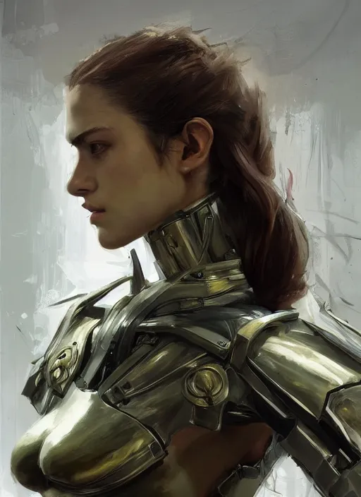 Image similar to a professional painting of a beautiful young female, clothed in military armor, olive skin, long dark hair, beautiful bone structure, symmetrical facial features, intricate, elegant, digital painting, concept art, smooth, sharp focus, illustration, from Metal Gear, by Ruan Jia and Mandy Jurgens and Artgerm and William-Adolphe Bouguerea